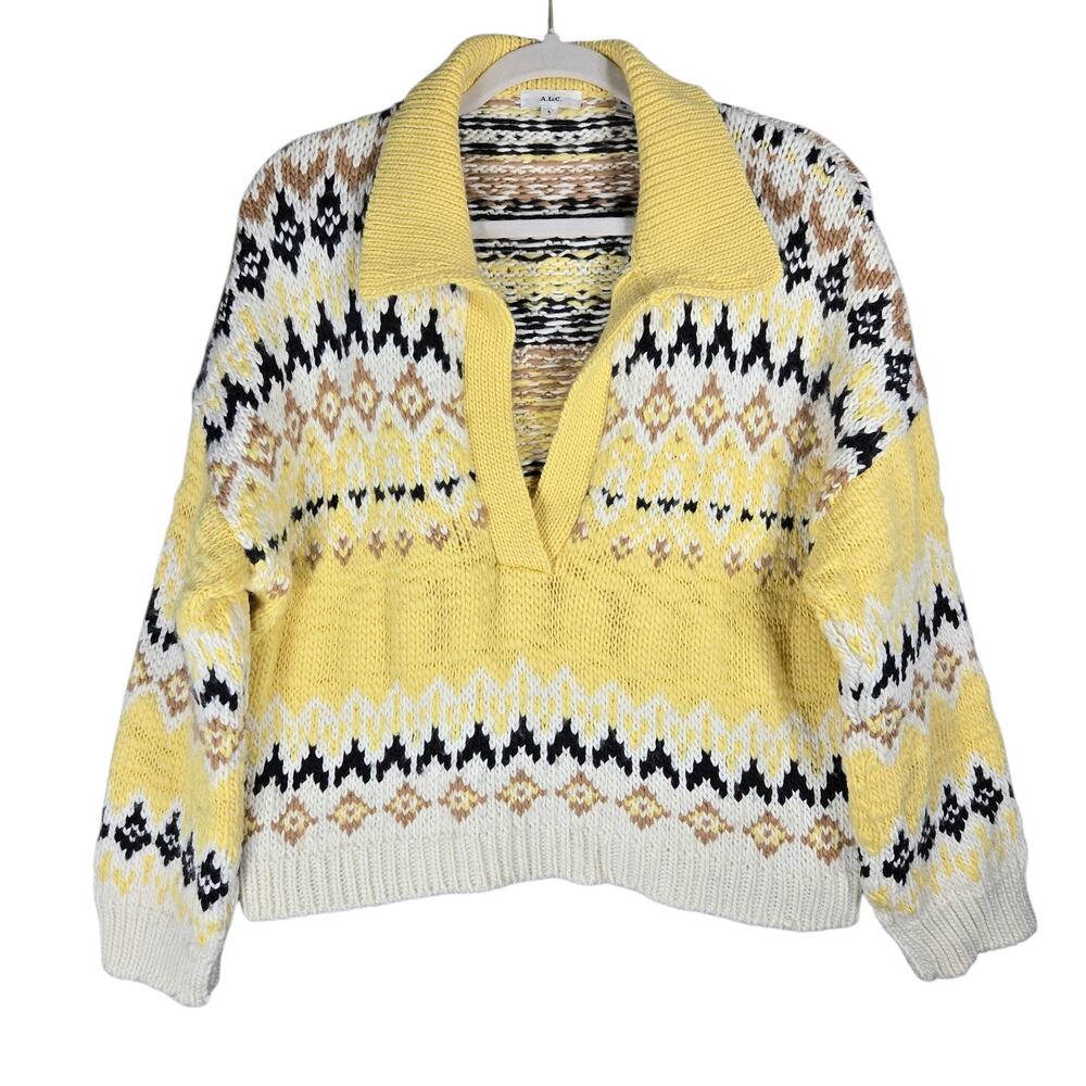 A.L.C. Sweater Small Yellow Merino Wool Fair Isle Collared Ski Pullover Chunky